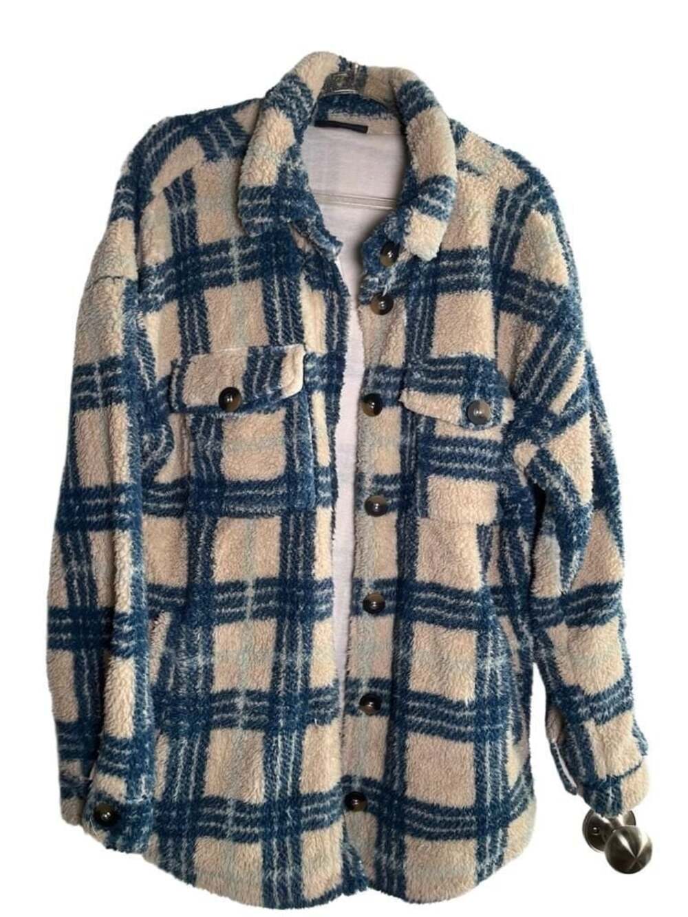 Vici Oaklynn Blue and Beige Plaid Sherpa Shacket